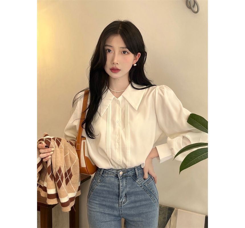 Plain Shirt Sweater Vest Puff-Sleeve Argyle / V-Neck