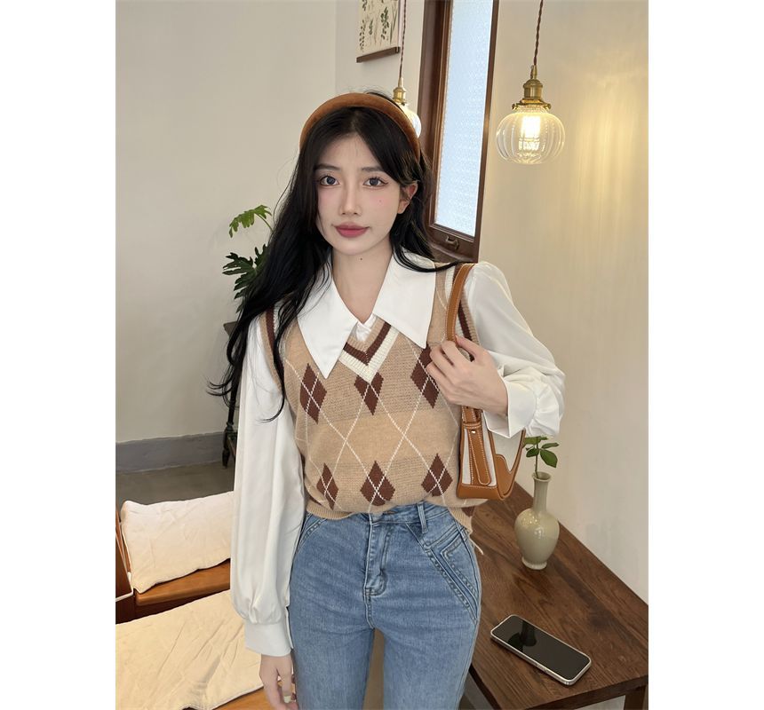 Plain Shirt Sweater Vest Puff-Sleeve Argyle / V-Neck