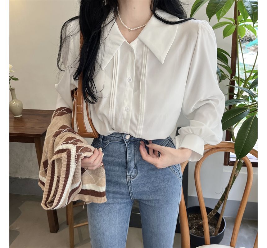 Plain Shirt Sweater Vest Puff-Sleeve Argyle / V-Neck