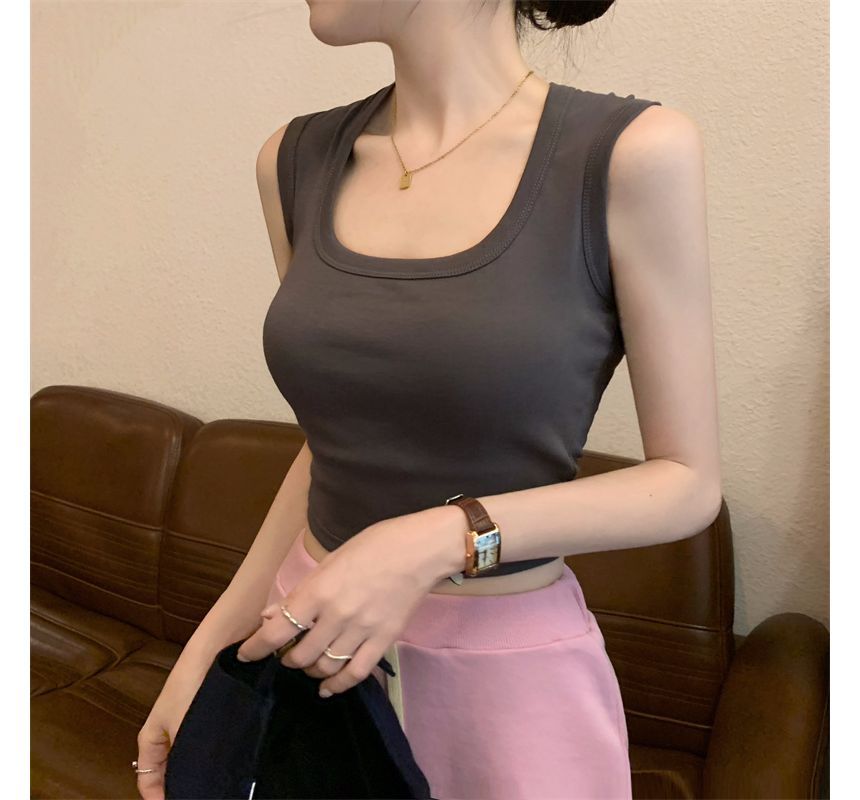 Crop Neck Square Plain Tank Top