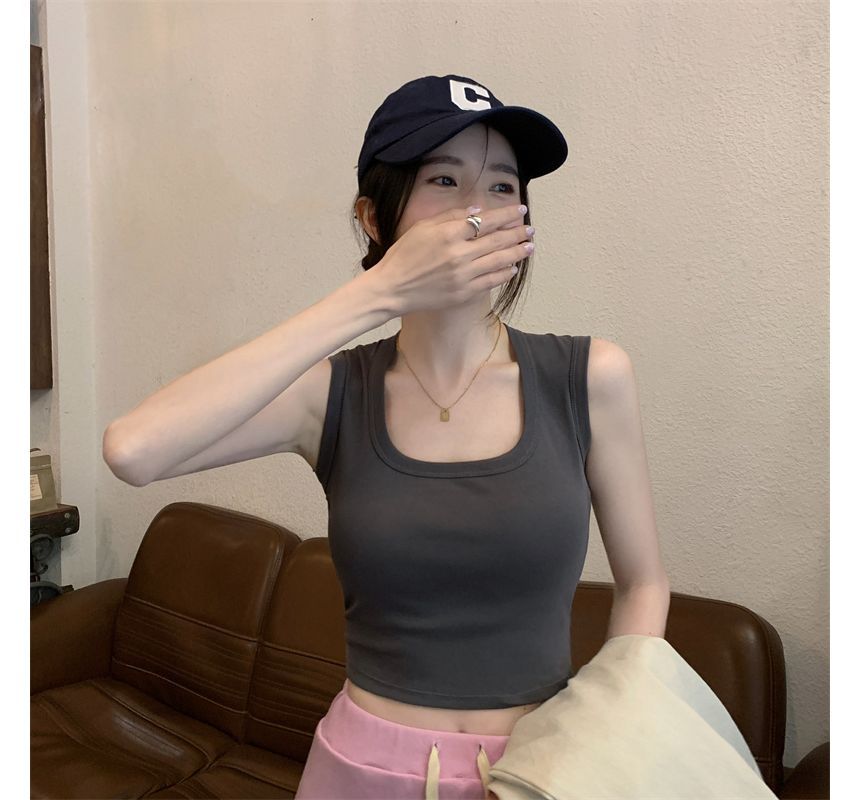Crop Neck Square Plain Tank Top