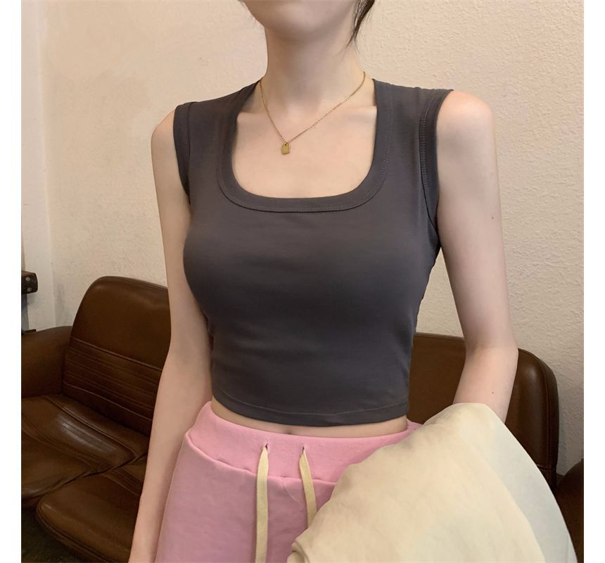 Crop Neck Square Plain Tank Top