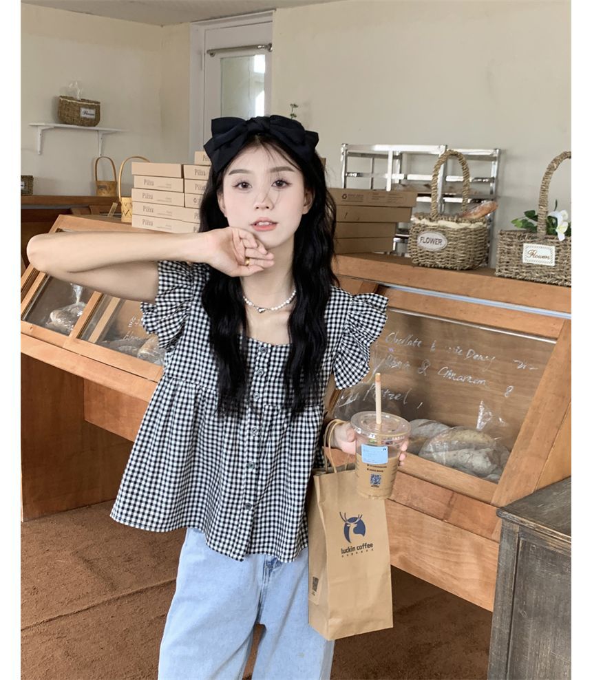 Ruffle Blouse Gingham Sleeveless