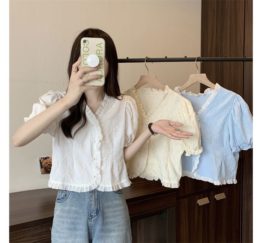 Jacquard Blouse Frill Short-Sleeve V-Neck