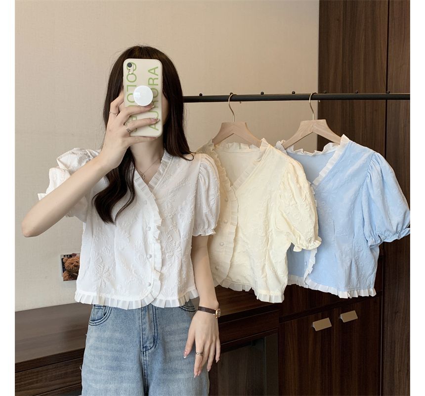 Jacquard Blouse Frill Short-Sleeve V-Neck