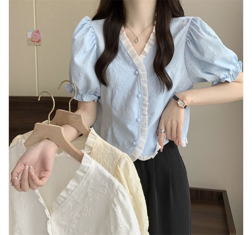 Jacquard Blouse Frill Short-Sleeve V-Neck