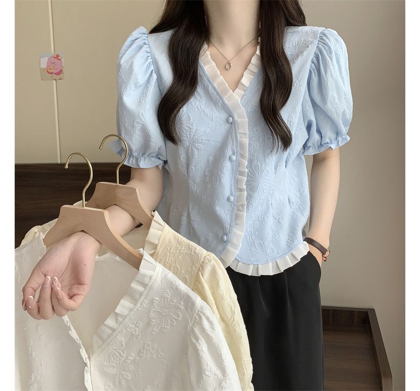 Jacquard Blouse Frill Short-Sleeve V-Neck