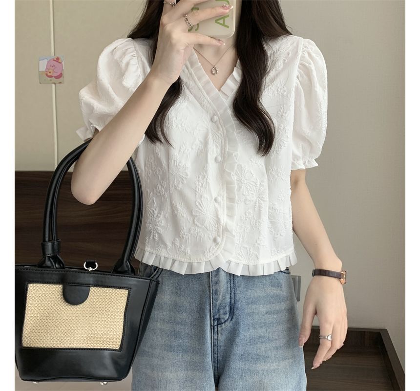 Jacquard Blouse Frill Short-Sleeve V-Neck
