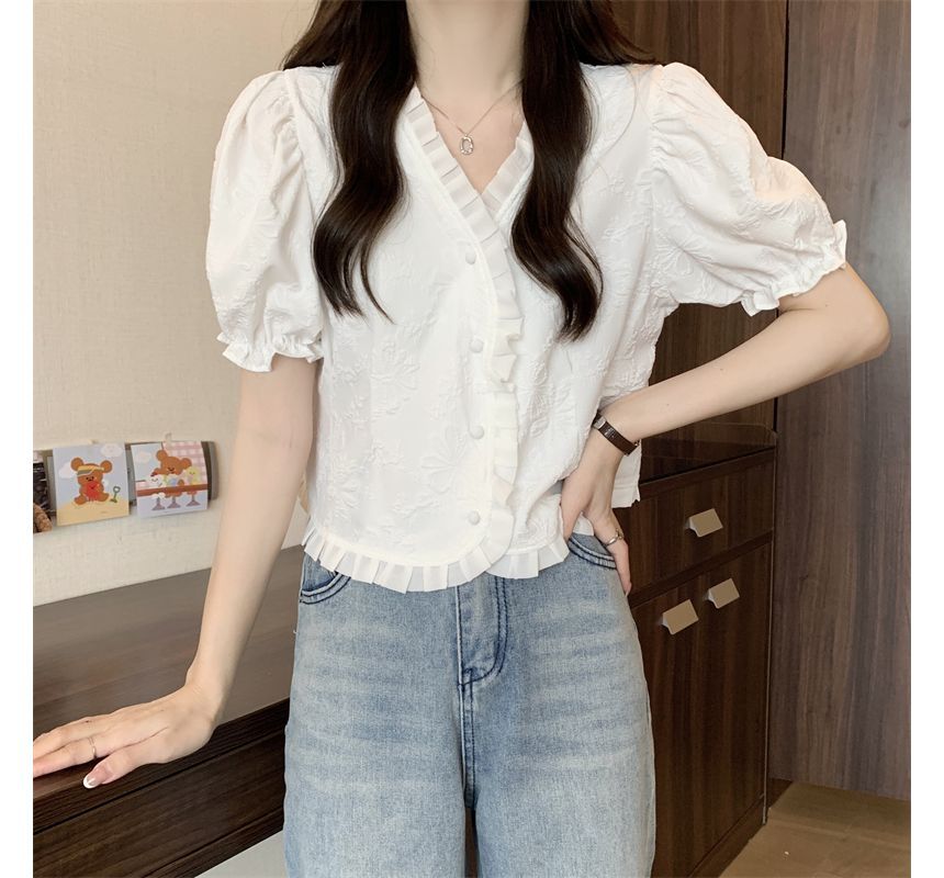 Jacquard Blouse Frill Short-Sleeve V-Neck