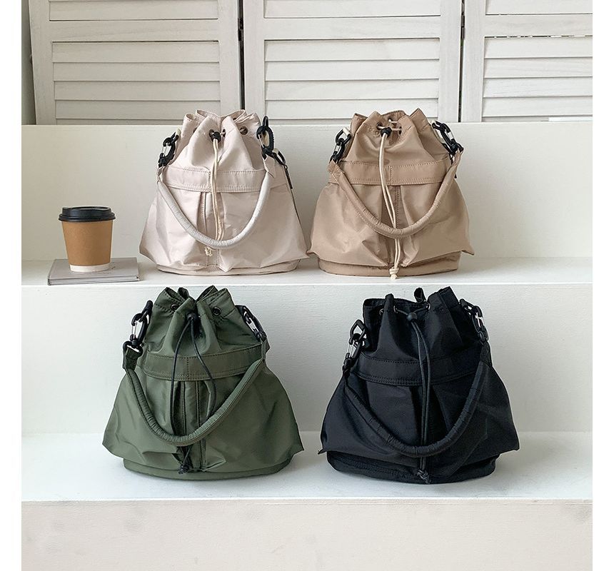 Nylon Multi-Pocket Drawstring Bucket Bag