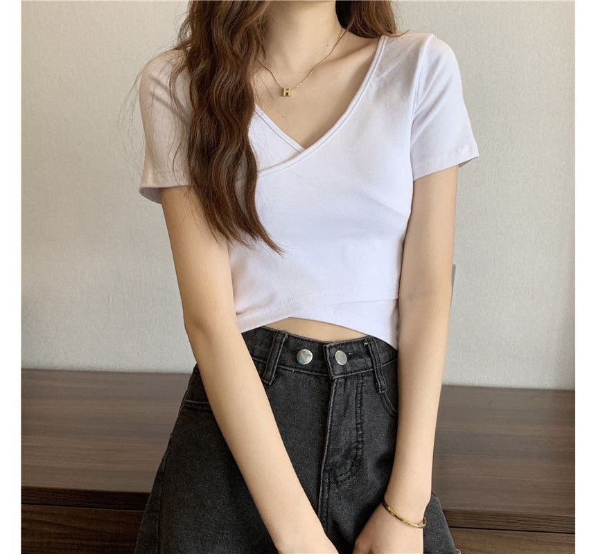 Wrap V-Neck Plain T-Shirt Crop Short-Sleeve