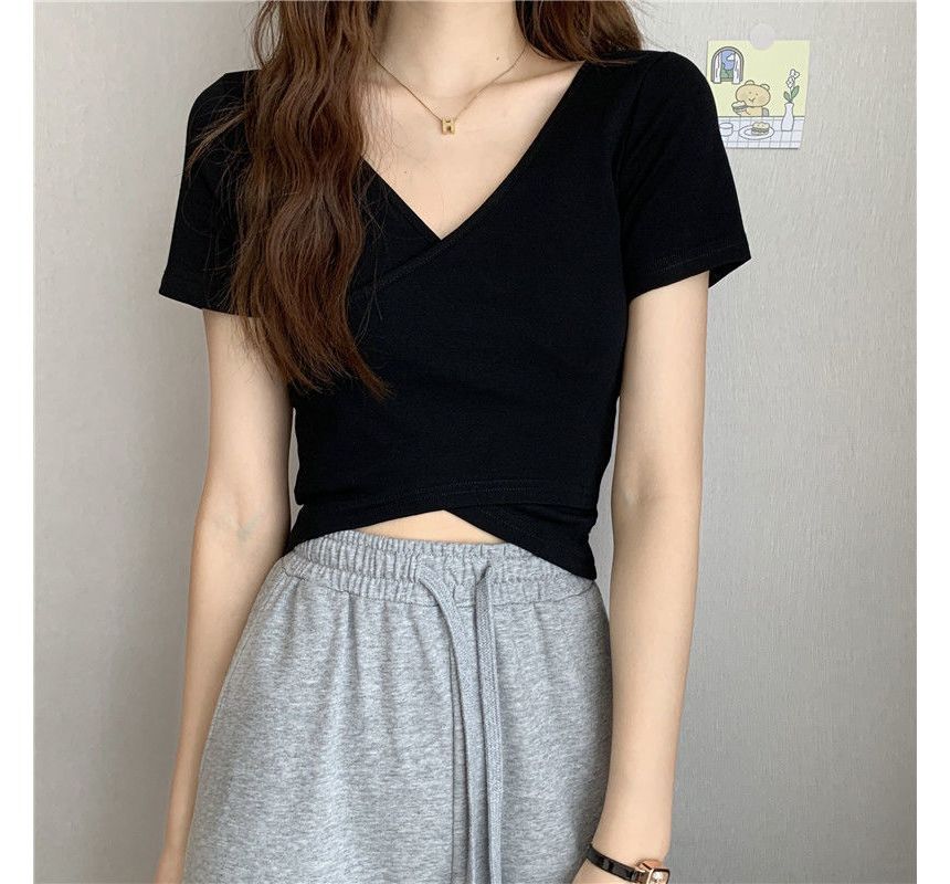 Wrap V-Neck Plain T-Shirt Crop Short-Sleeve