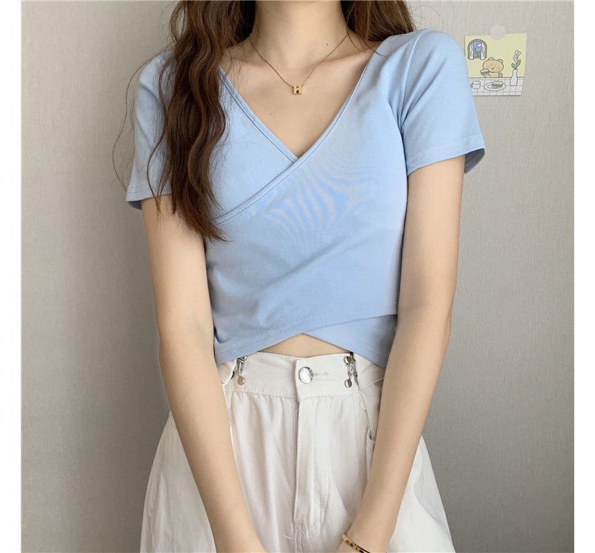 Wrap V-Neck Plain T-Shirt Crop Short-Sleeve