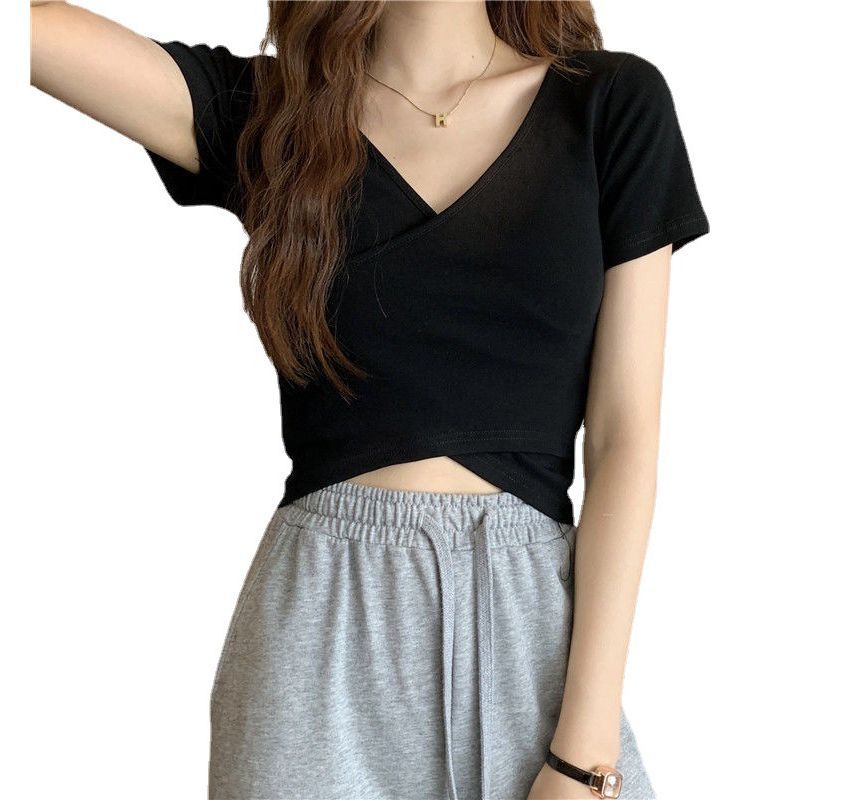 Wrap V-Neck Plain T-Shirt Crop Short-Sleeve