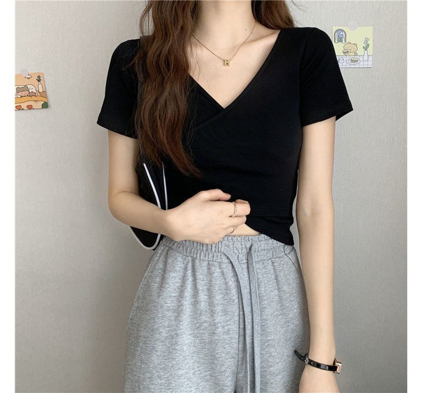 Wrap V-Neck Plain T-Shirt Crop Short-Sleeve