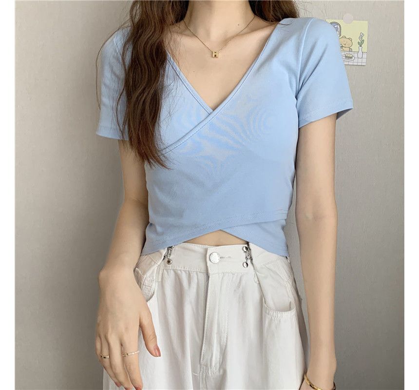 Wrap V-Neck Plain T-Shirt Crop Short-Sleeve