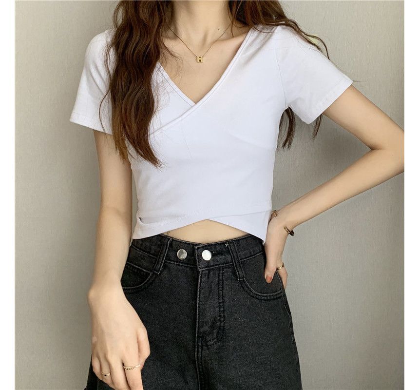 Wrap V-Neck Plain T-Shirt Crop Short-Sleeve