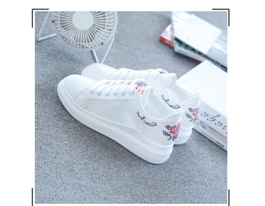 Floral Embroidered Mesh Panel Platform Sneakers