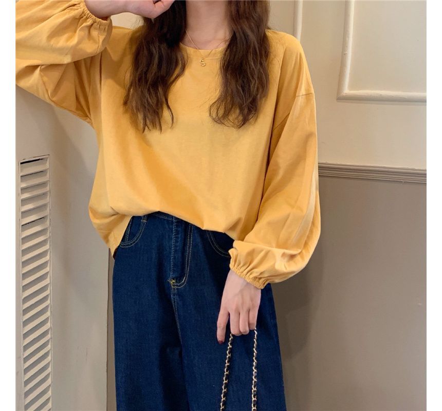 Neck Plain Sleeve Round T-Shirt Balloon