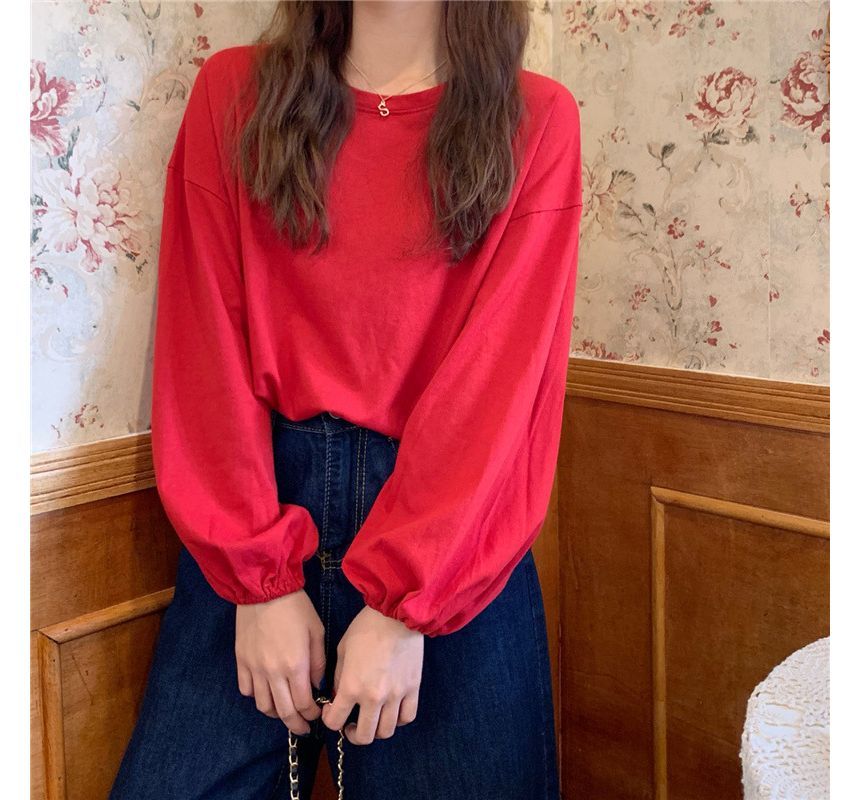 Neck Plain Sleeve Round T-Shirt Balloon