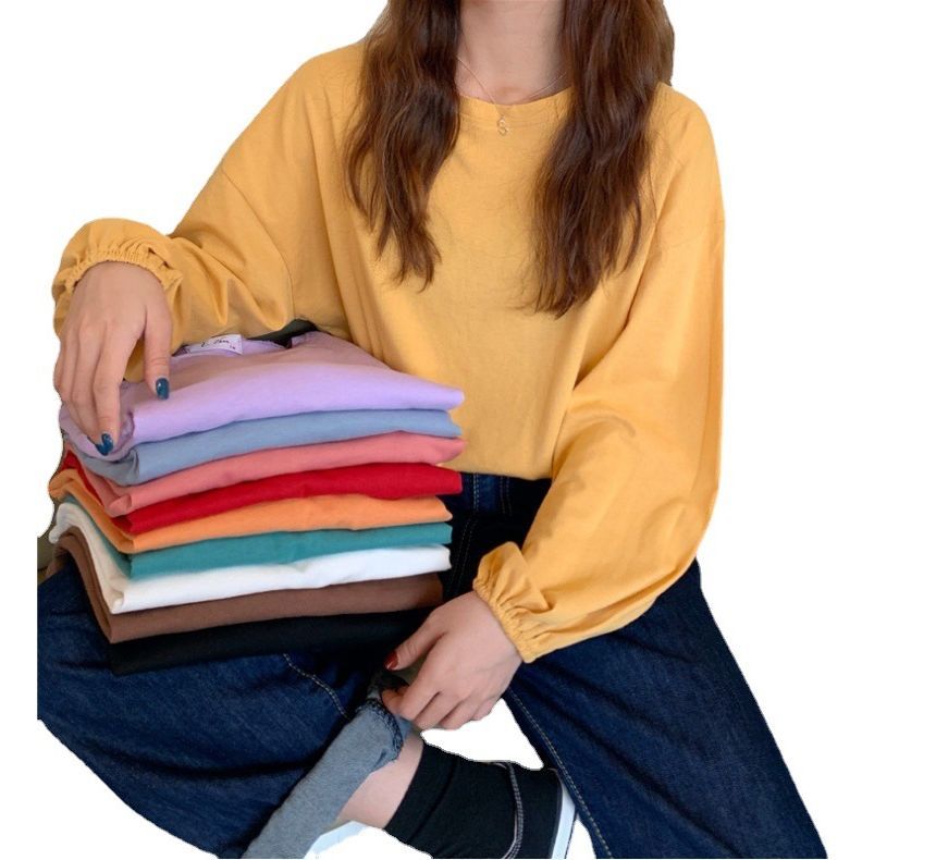 Neck Plain Sleeve Round T-Shirt Balloon