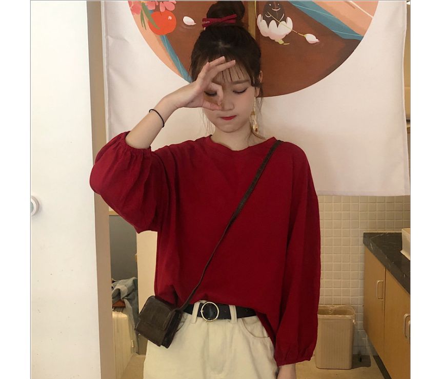 Neck Plain Sleeve Round T-Shirt Balloon