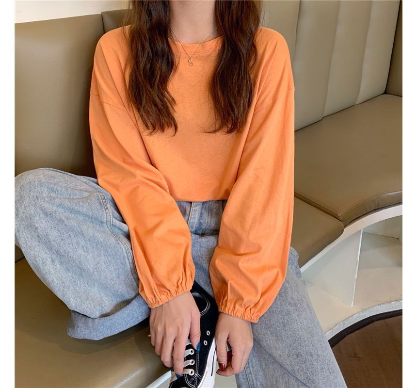 Neck Plain Sleeve Round T-Shirt Balloon