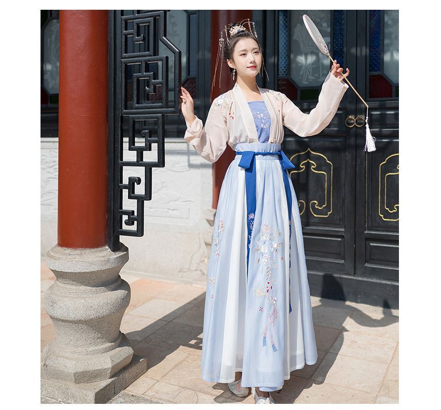 Traditional Chinese Set: Open Front Jacket + Camisole Top + Maxi Skirt