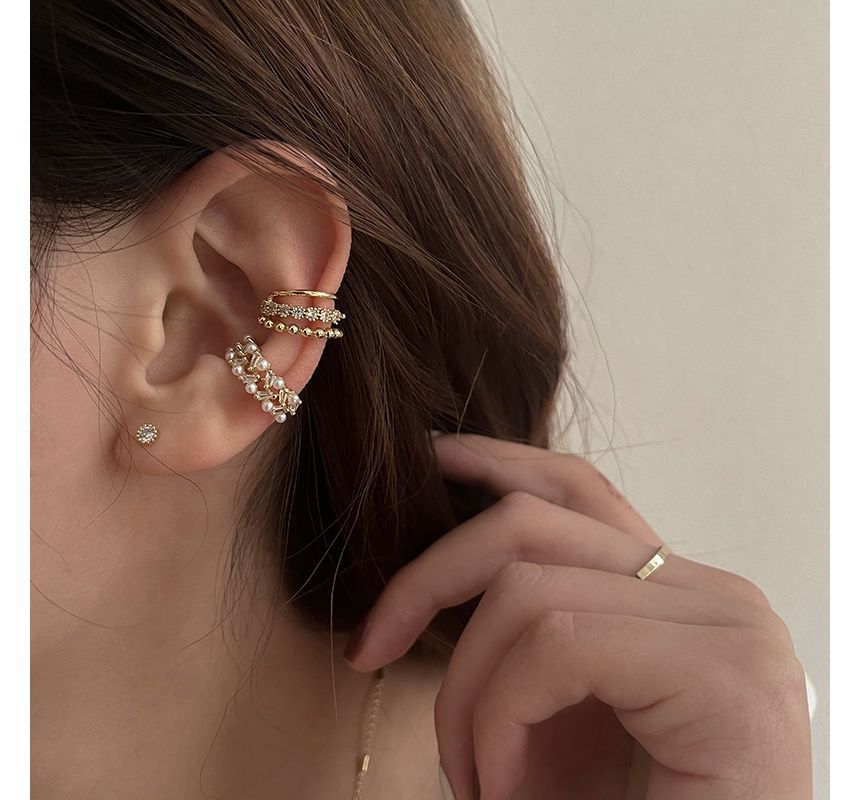 Rhinestone Faux Pearl Layered Alloy Cuff Earring (various designs)