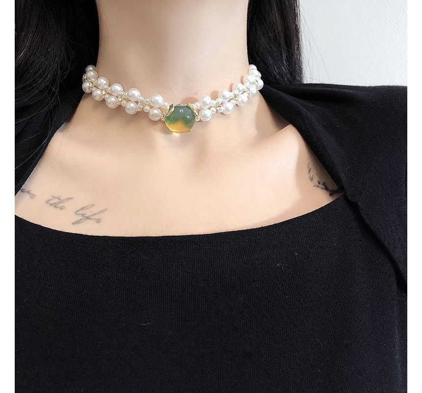 Alloy Gemstone Choker Faux Pearl