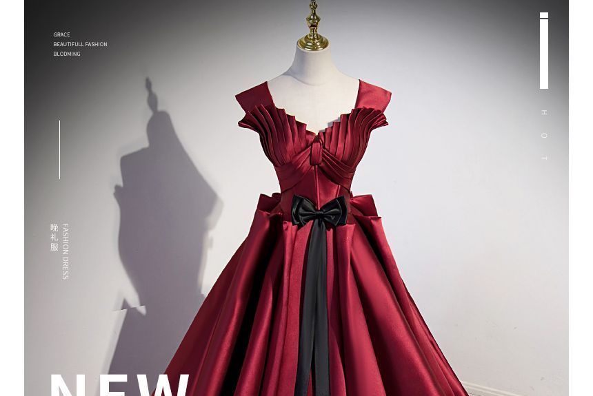 Sleeveless Plain Pleated Bow A-Line Evening Gown