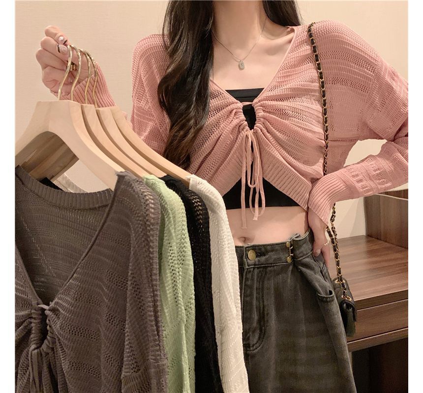Drawstring V-Neck Plain Top Cropped Knit