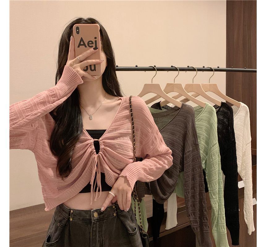 Drawstring V-Neck Plain Top Cropped Knit