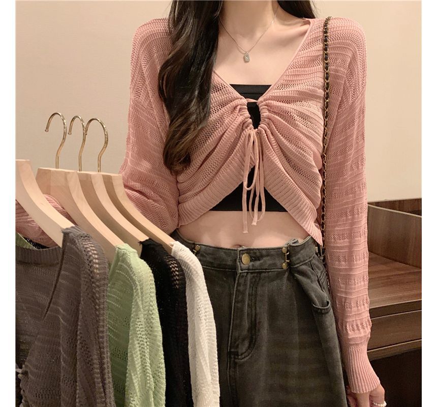 Drawstring V-Neck Plain Top Cropped Knit