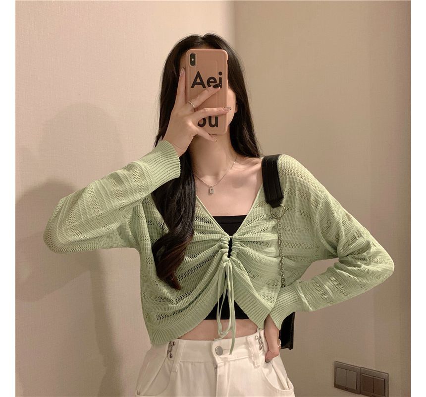 Drawstring V-Neck Plain Top Cropped Knit