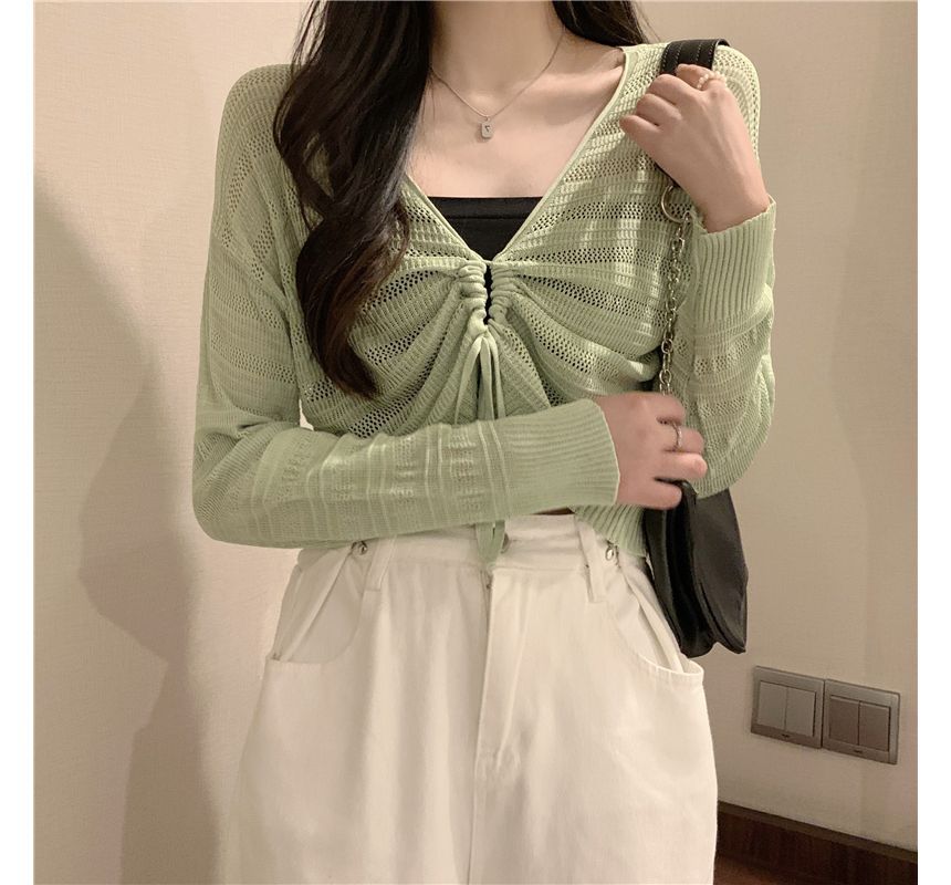 Drawstring V-Neck Plain Top Cropped Knit