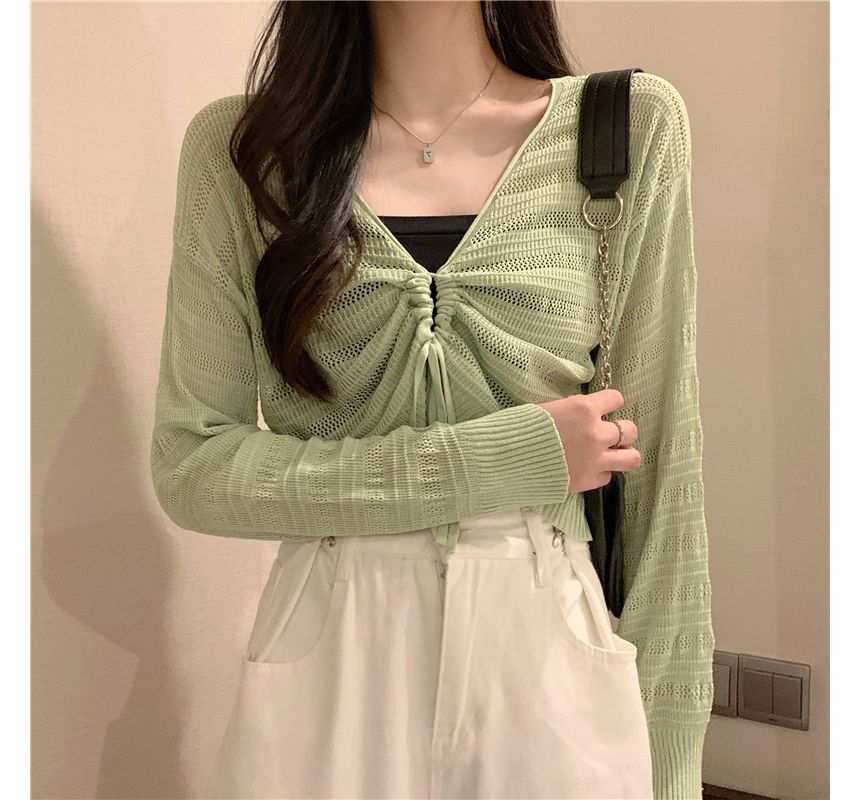 Drawstring V-Neck Plain Top Cropped Knit