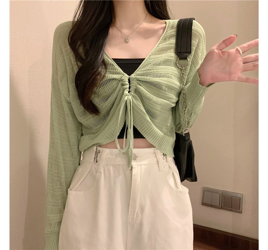 Drawstring V-Neck Plain Top Cropped Knit