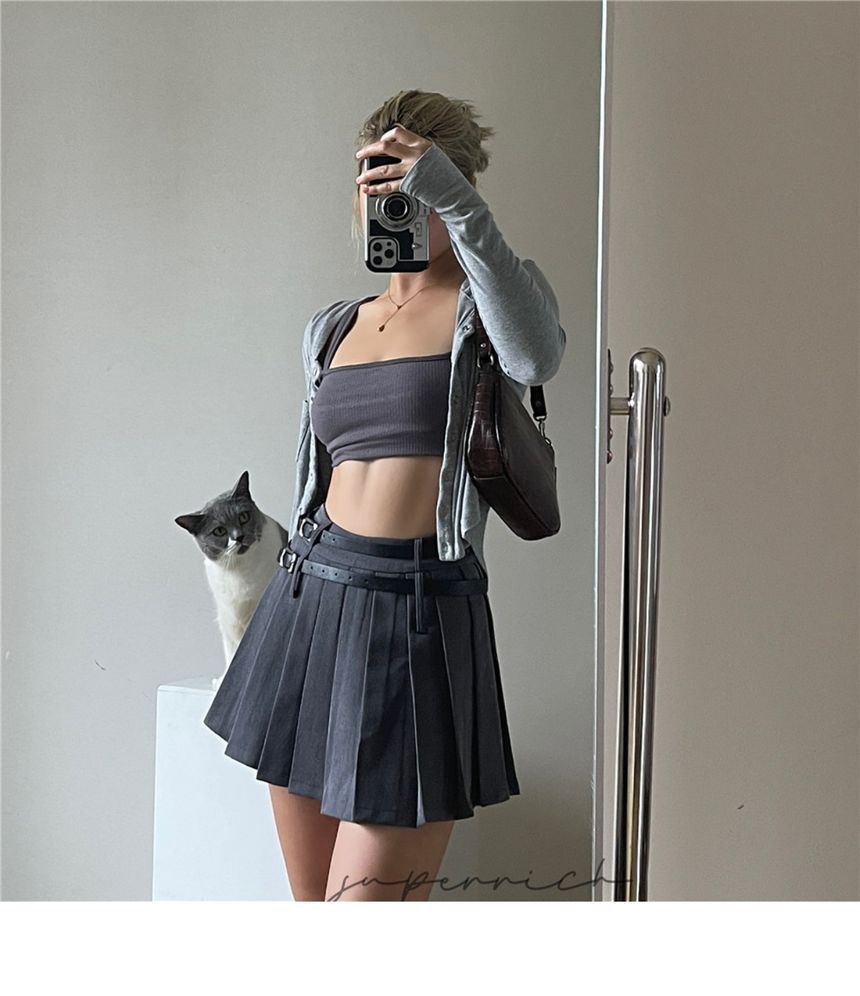 Plain Skirt High Mini Rise Pleated