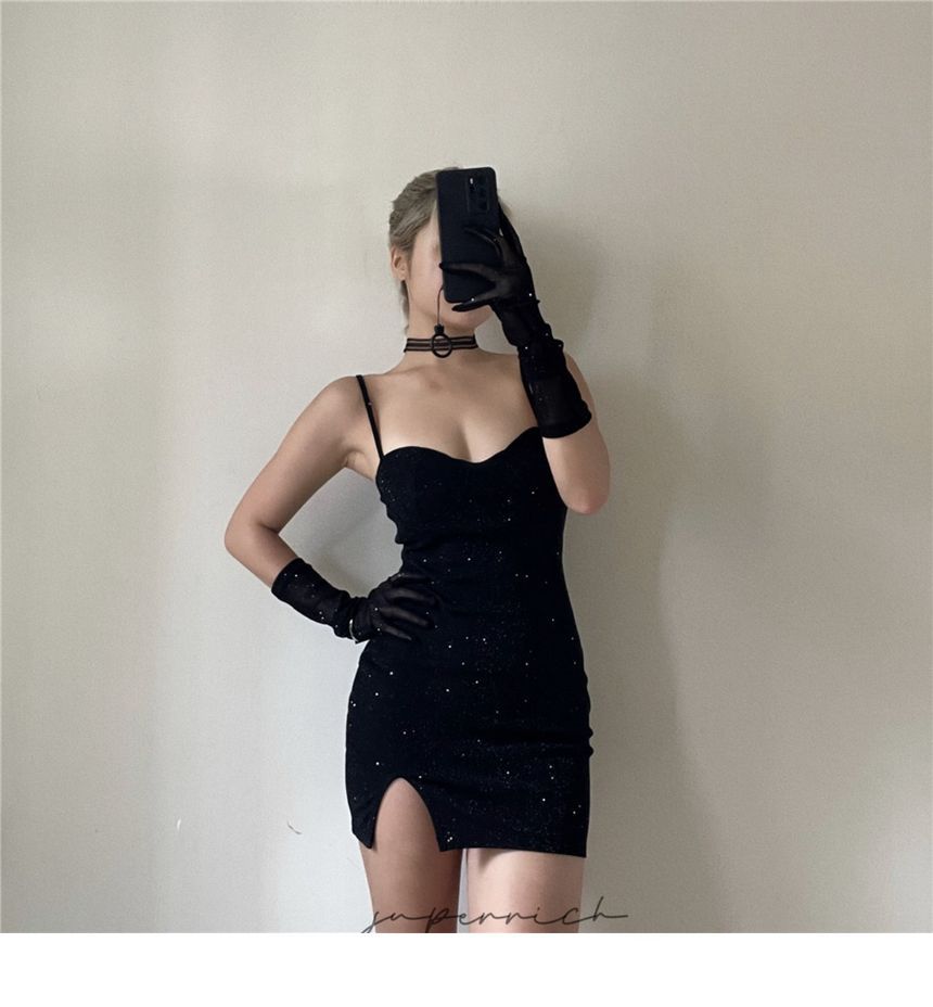 Long Rhinestone Bodycon Neckline Sweetheart Strap Set: Gloves Dress + Spaghetti Mini