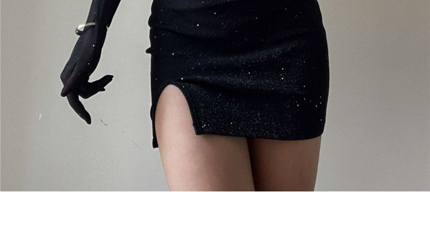 Long Rhinestone Bodycon Neckline Sweetheart Strap Set: Gloves Dress + Spaghetti Mini