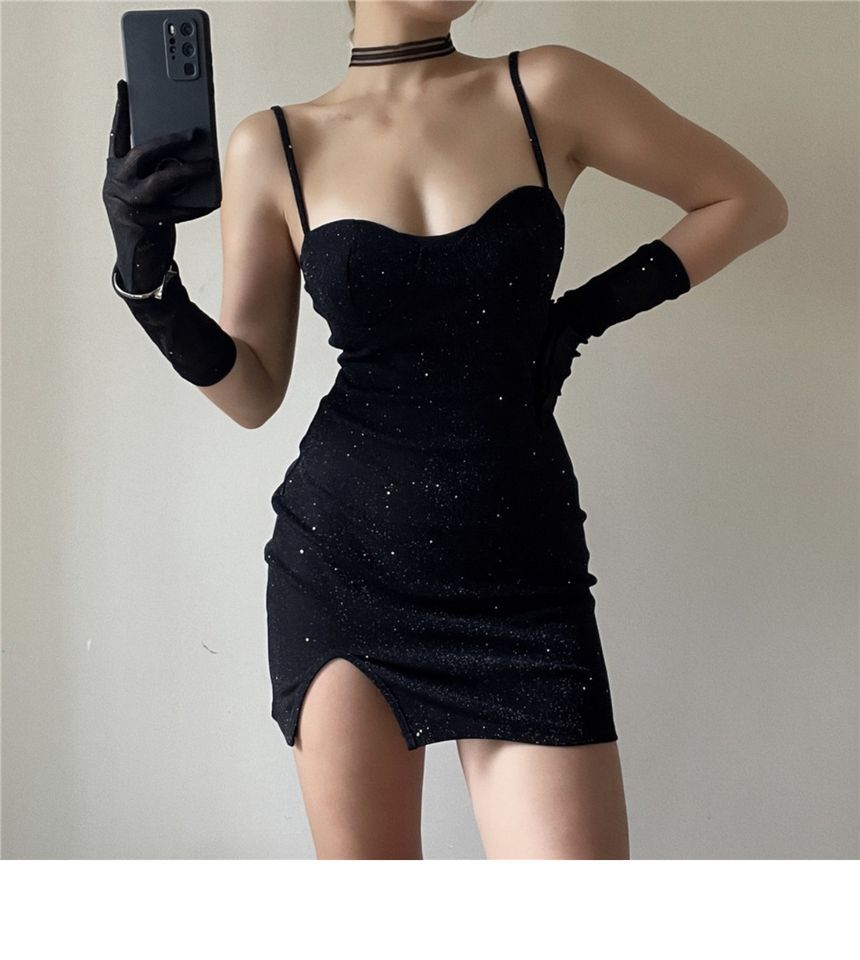 Neckline Long Bodycon Sweetheart Set: Strap Dress Spaghetti Gloves Mini Rhinestone +
