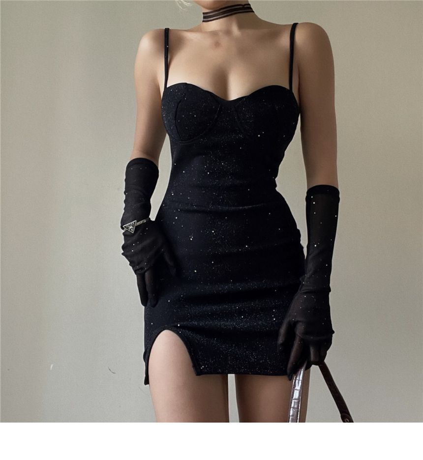 Long Rhinestone Bodycon Neckline Sweetheart Strap Set: Gloves Dress + Spaghetti Mini