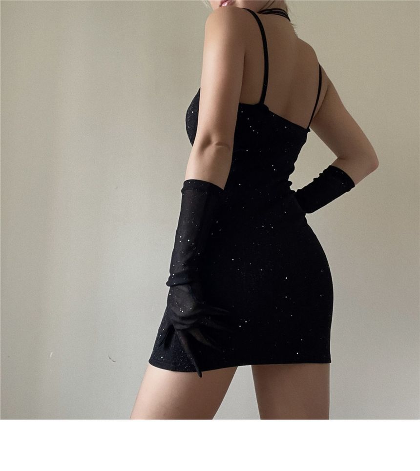 Long Rhinestone Bodycon Neckline Sweetheart Strap Set: Gloves Dress + Spaghetti Mini