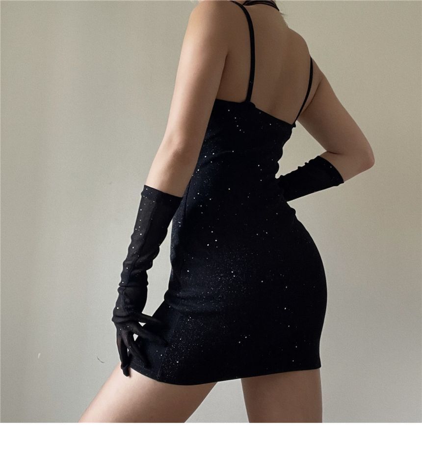 Long Rhinestone Bodycon Neckline Sweetheart Strap Set: Gloves Dress + Spaghetti Mini