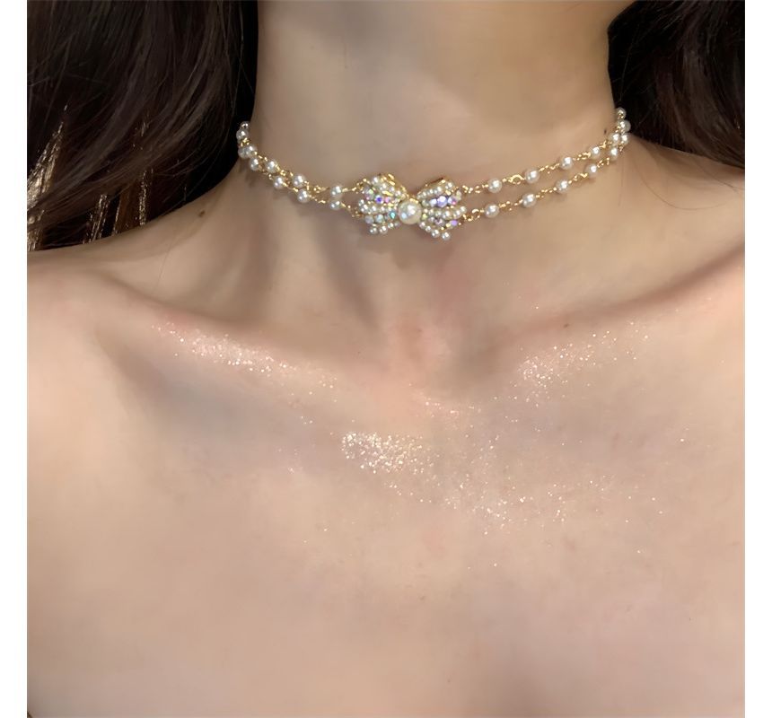 Choker Bow Faux Alloy Layered Pearl