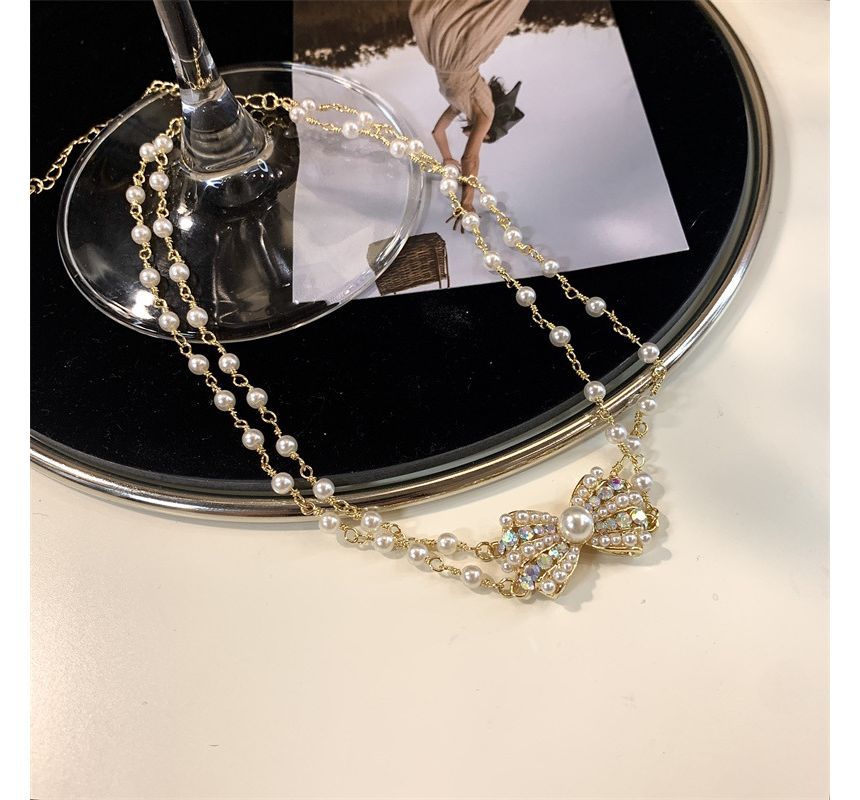 Choker Bow Faux Alloy Layered Pearl