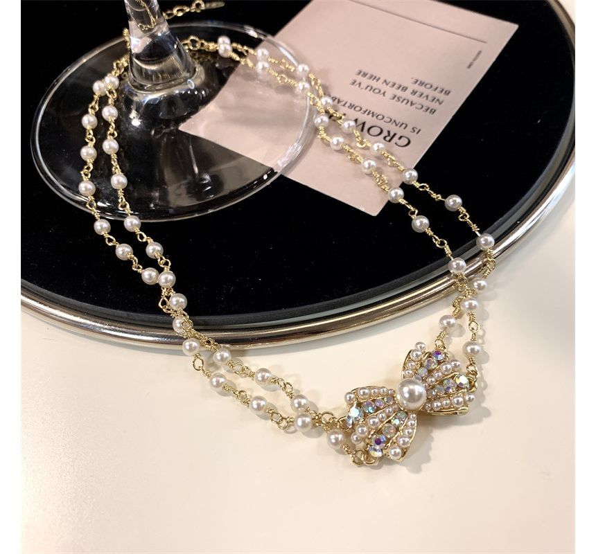 Choker Bow Faux Alloy Layered Pearl