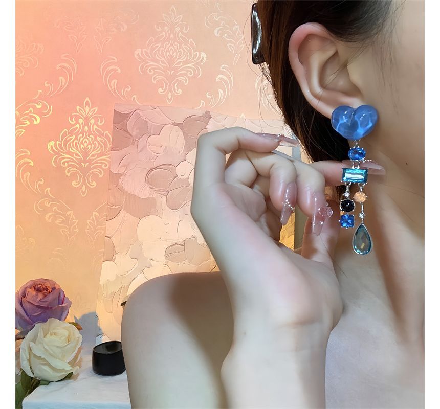 Fringed Rhinestone Alloy Earring Heart