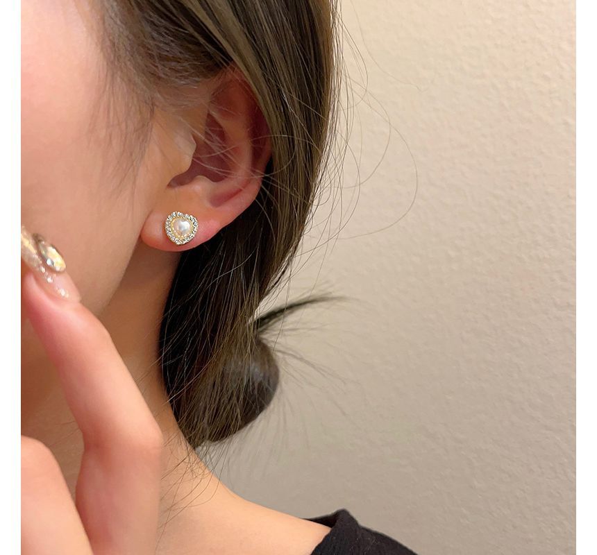 Pearl Rhinestone Stud / Earring Heart Clip-On Faux